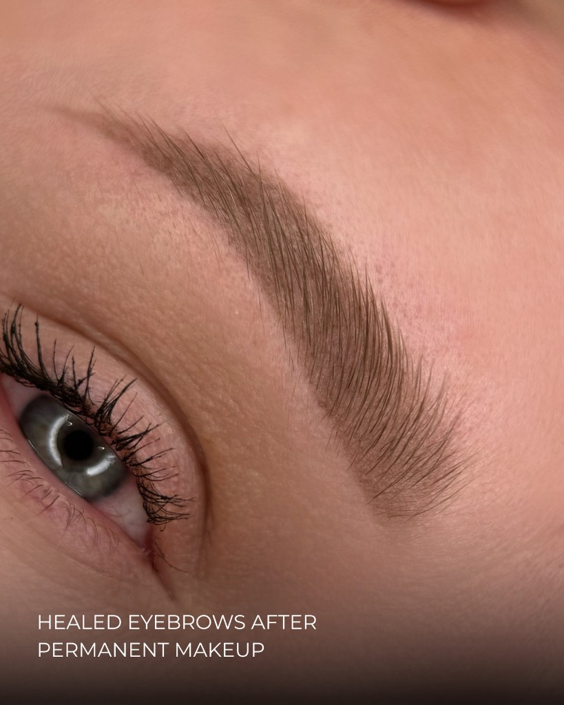 Healed powder brow close-up detail after permanent makeup